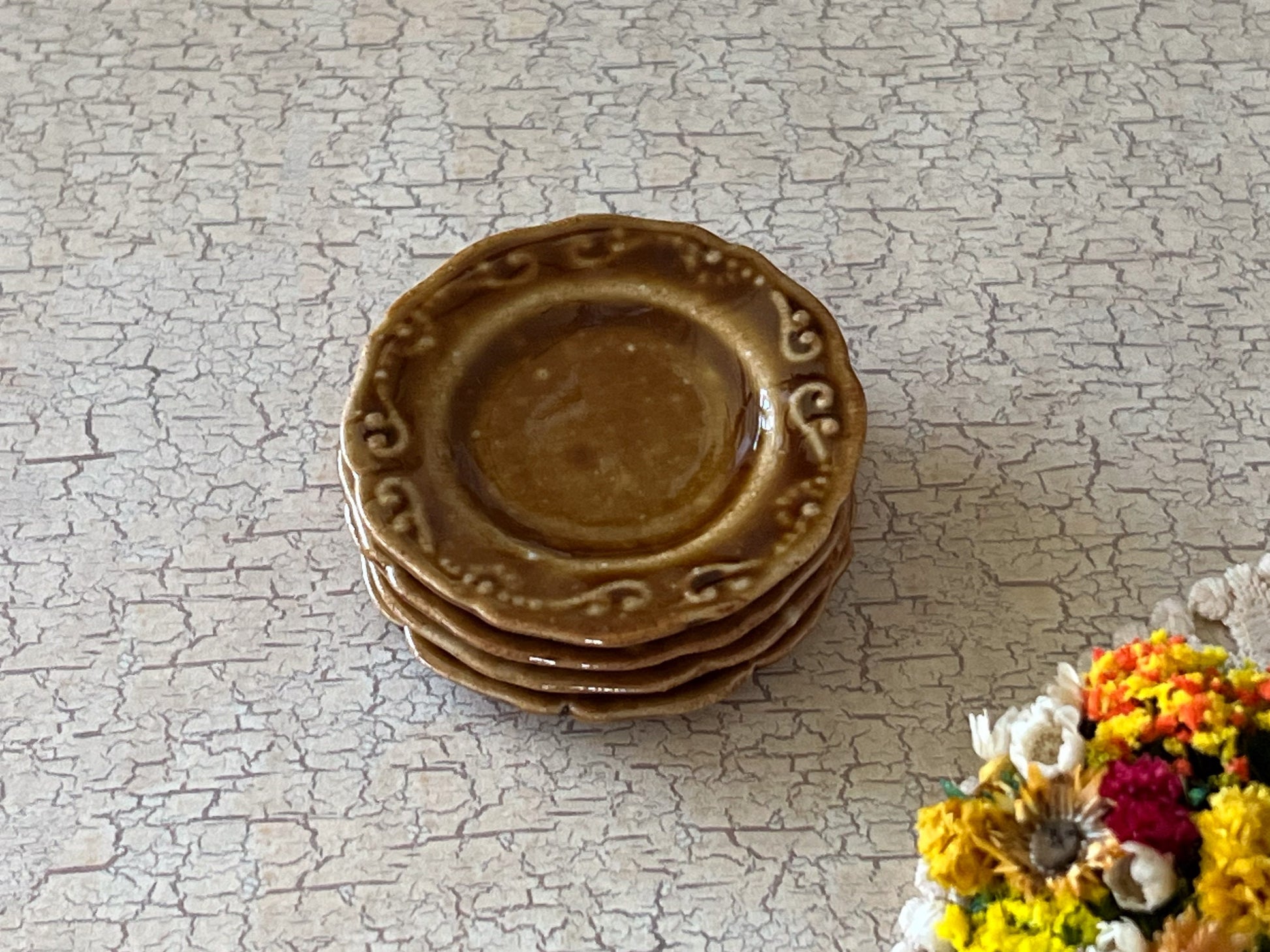 Dollhouse Miniature Round Brown-Beige Dinner Plate Set – 1:6 Scale Dollhouse Ceramic Tableware (Set of 4) Dollhouse Table Decor __etsy:6283842175
