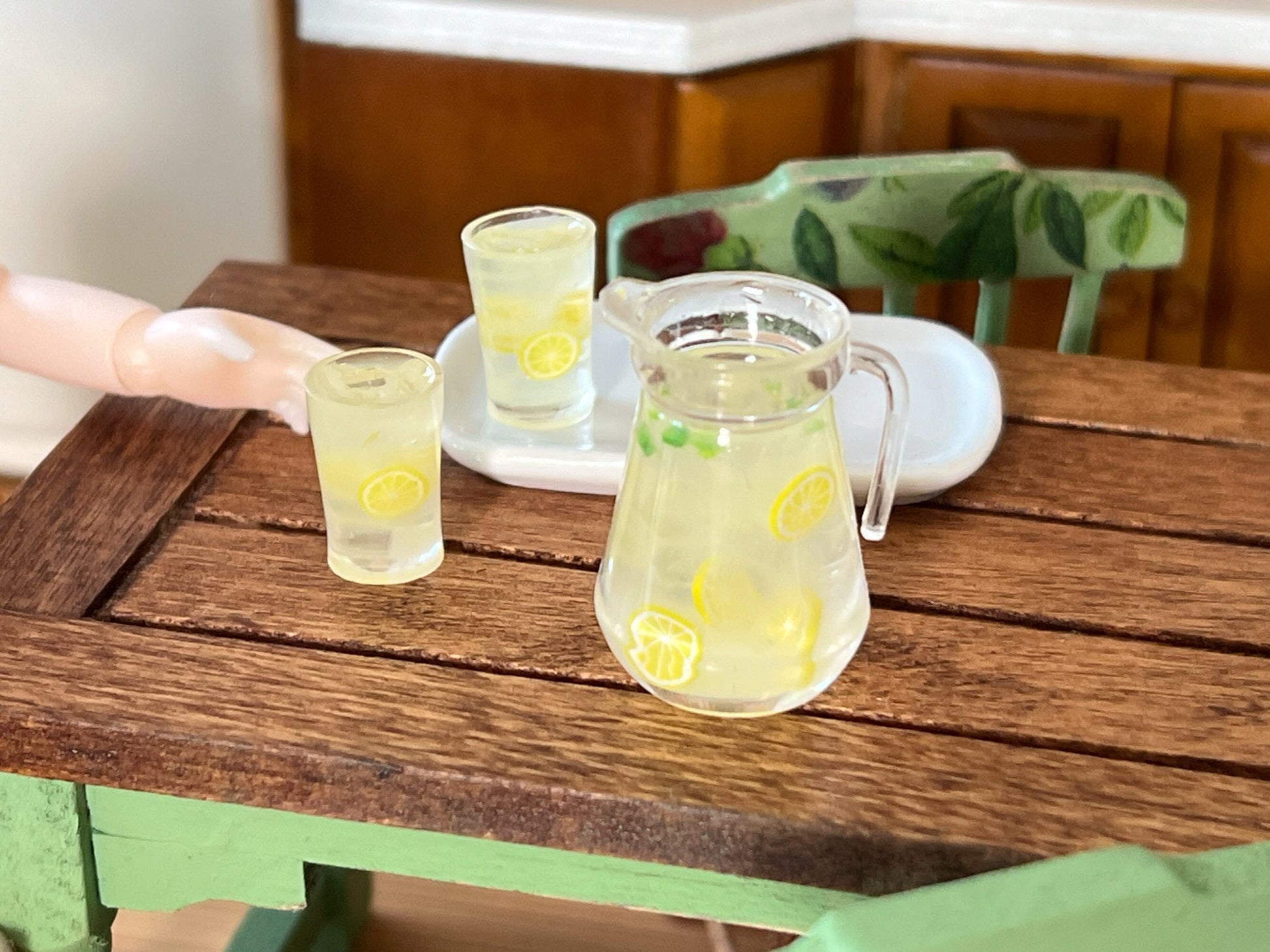 Miniature Pitcher-Tray Set Filled with Lemonade - 1:12 - Scale -Dollhouse Glasses and Ceramic Tray __etsy:6331831606
