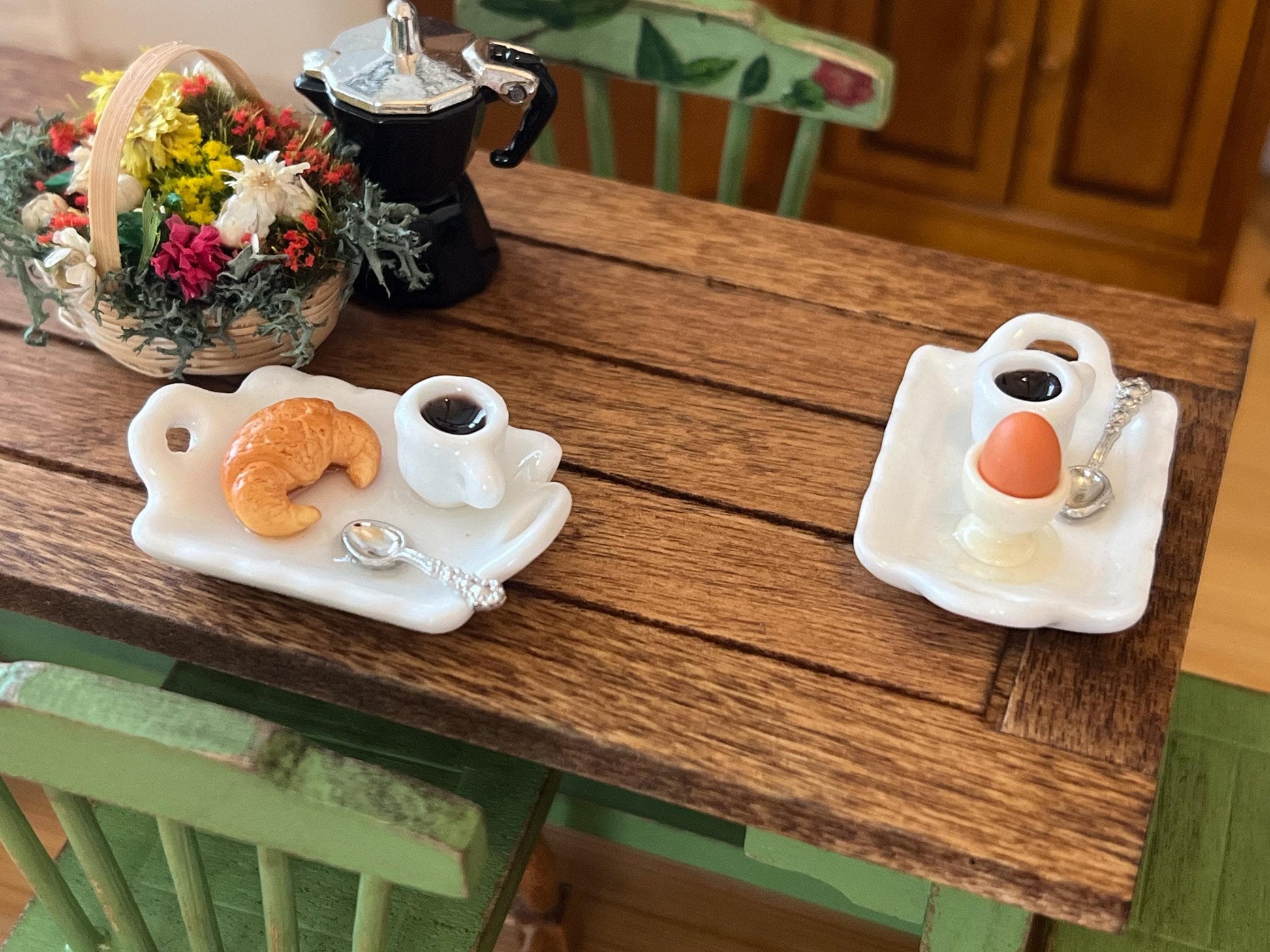 Miniature 1:12 Scale Ceramic Breakfast Tray with Coffee, Spoon & Croissant or Egg – Dollhouse __etsy:6445881852