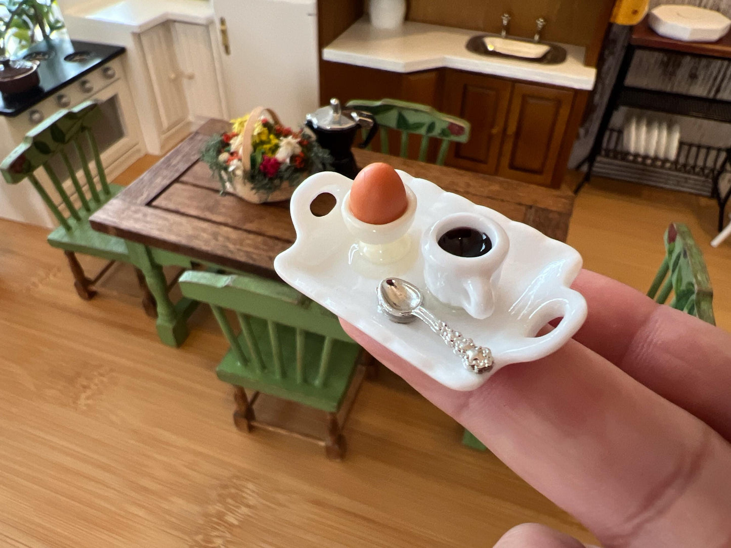 Miniature 1:12 Scale Ceramic Breakfast Tray with Coffee, Spoon & Croissant or Egg – Dollhouse __etsy:6445881854