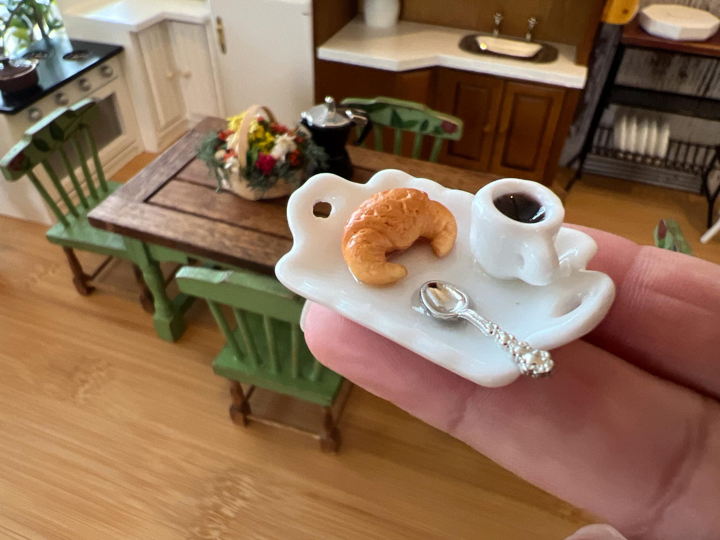Miniature 1:12 Scale Ceramic Breakfast Tray with Coffee, Spoon & Croissant or Egg – Dollhouse __etsy:6493984389