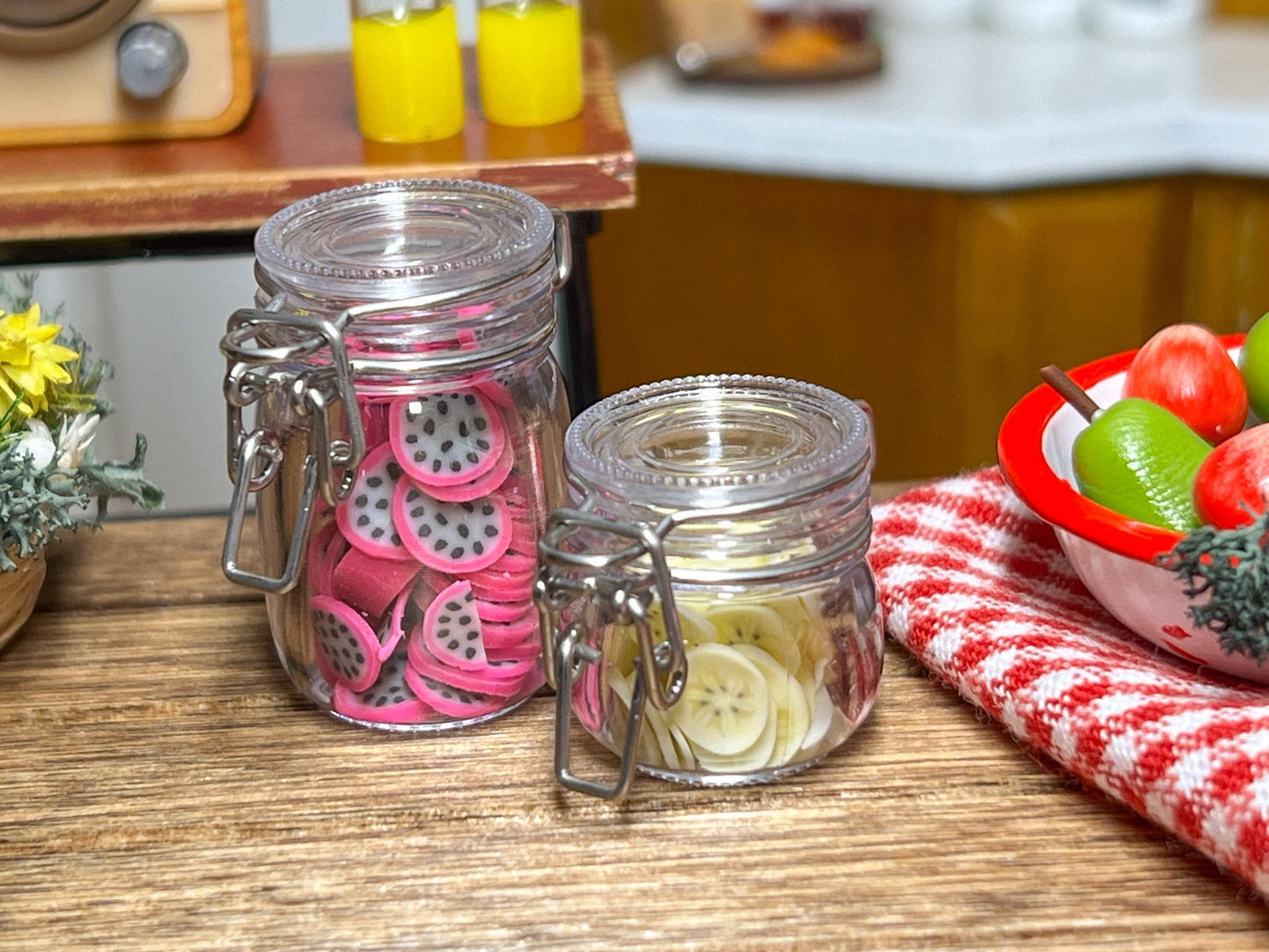Miniature Mason Jar 2Pc - 1:12 Scale - Dollhouse Plastic Jars with Fruit __etsy:6524758062