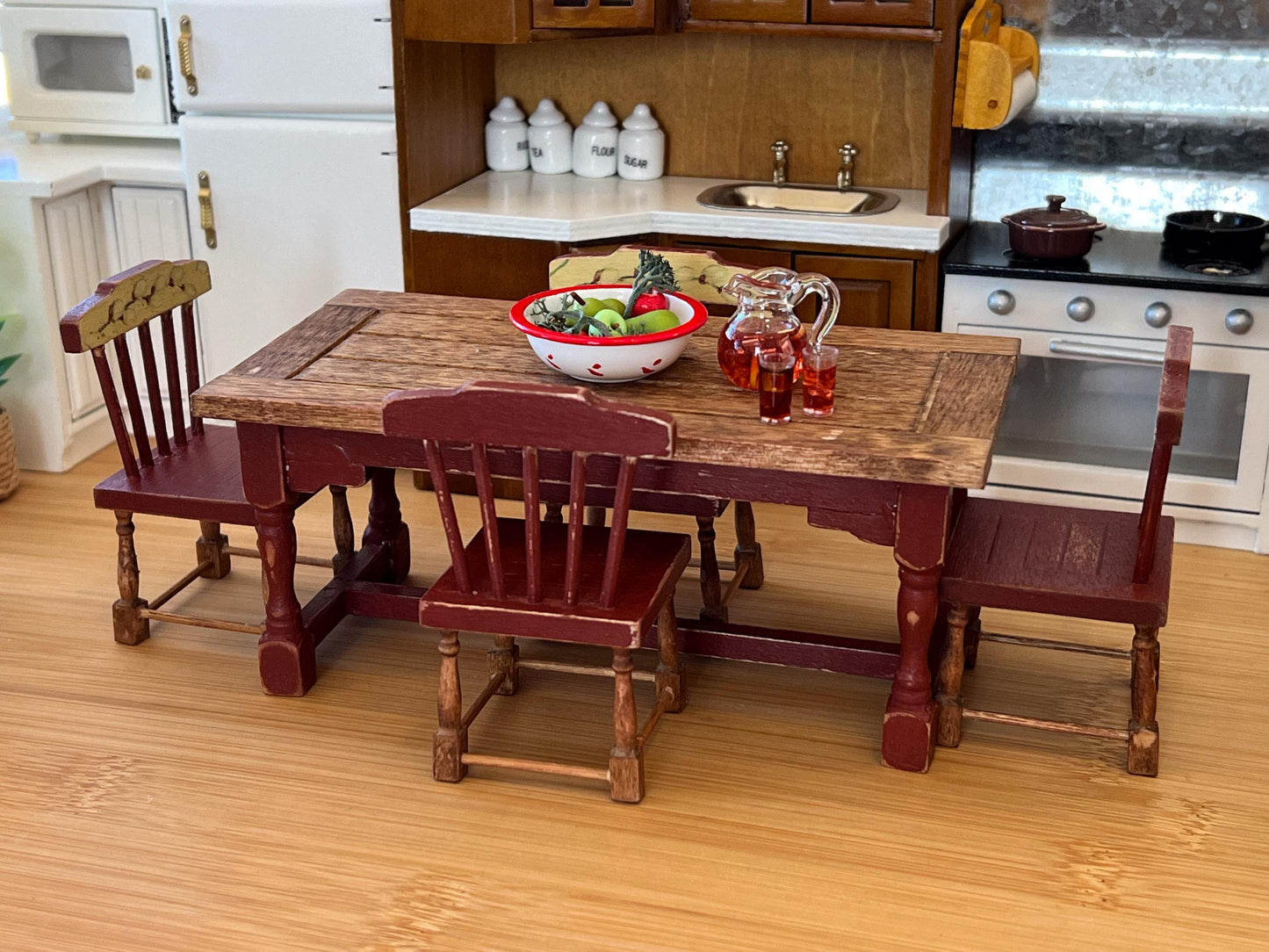 Miniature Dining Set-1:12 Scale – Dollhouse Furniture Barn Red Distressed Farmhouse Table & Chairs __etsy:6592042221