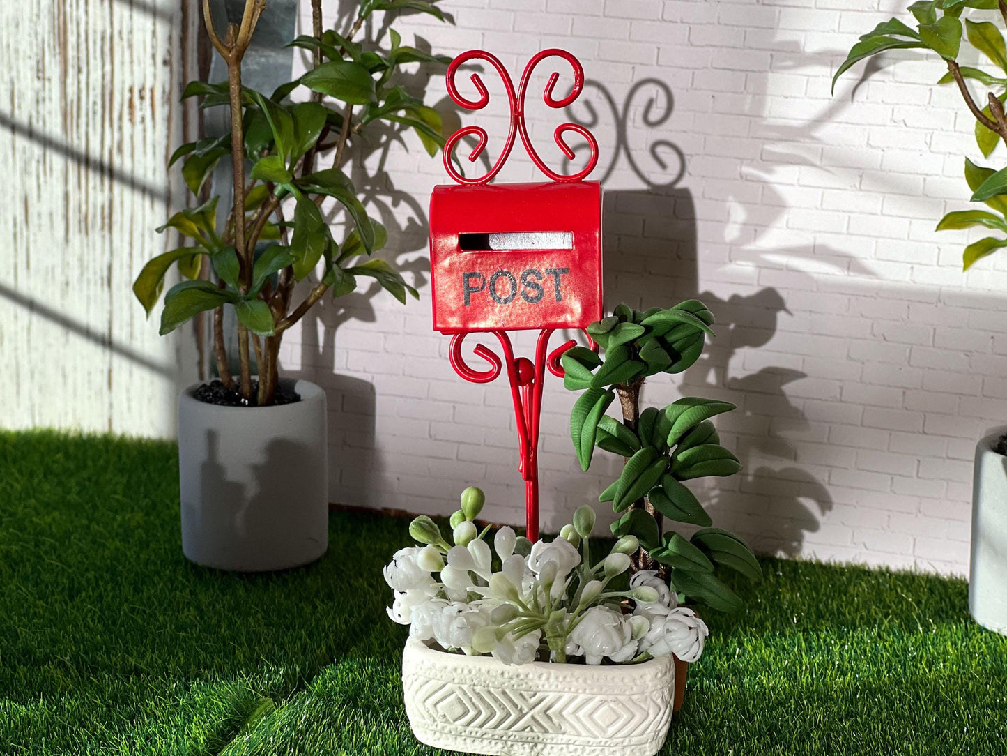 Miniature Red Metal Mailbox 1:12 Scale - Tall Standing Mailbox with Decorative Details __etsy:6621101588
