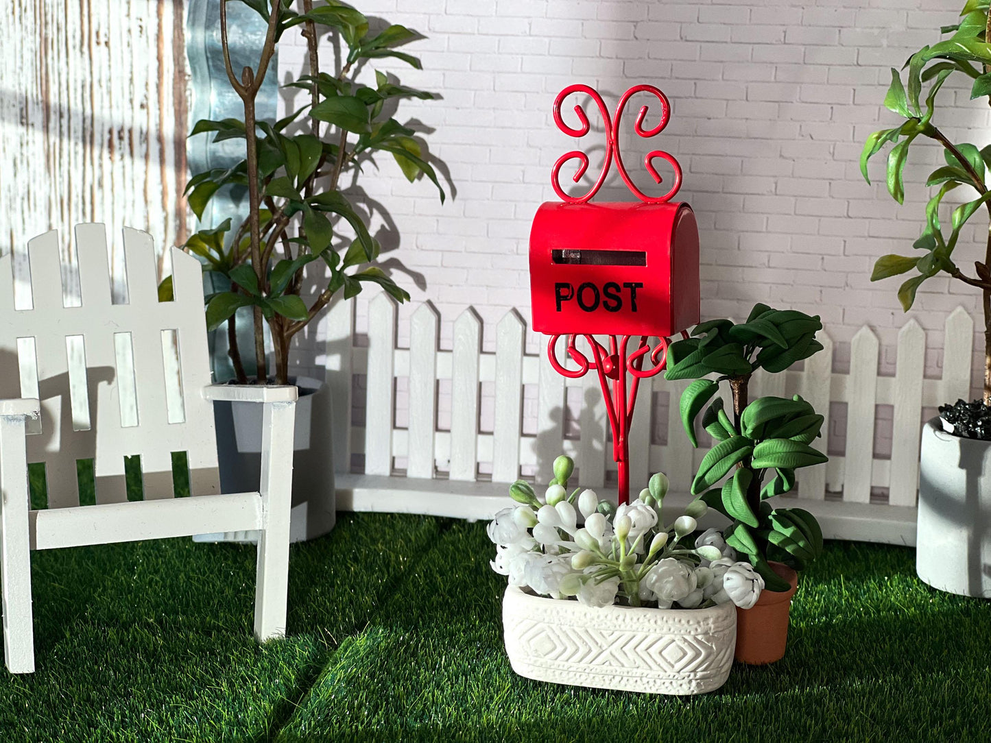 Miniature Red Metal Mailbox 1:12 Scale - Tall Standing Mailbox with Decorative Details __etsy:6669191913