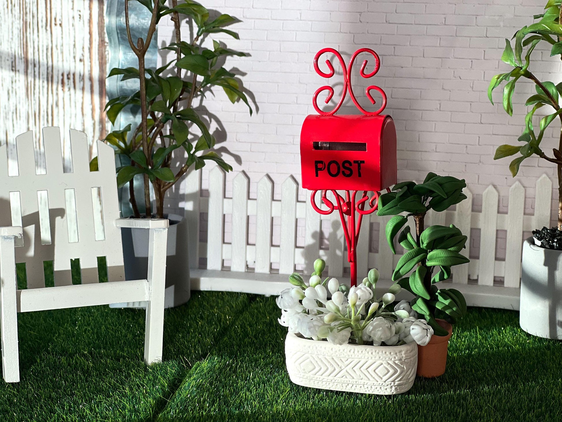 Miniature Red Metal Mailbox 1:12 Scale - Tall Standing Mailbox with Decorative Details __etsy:6669191913