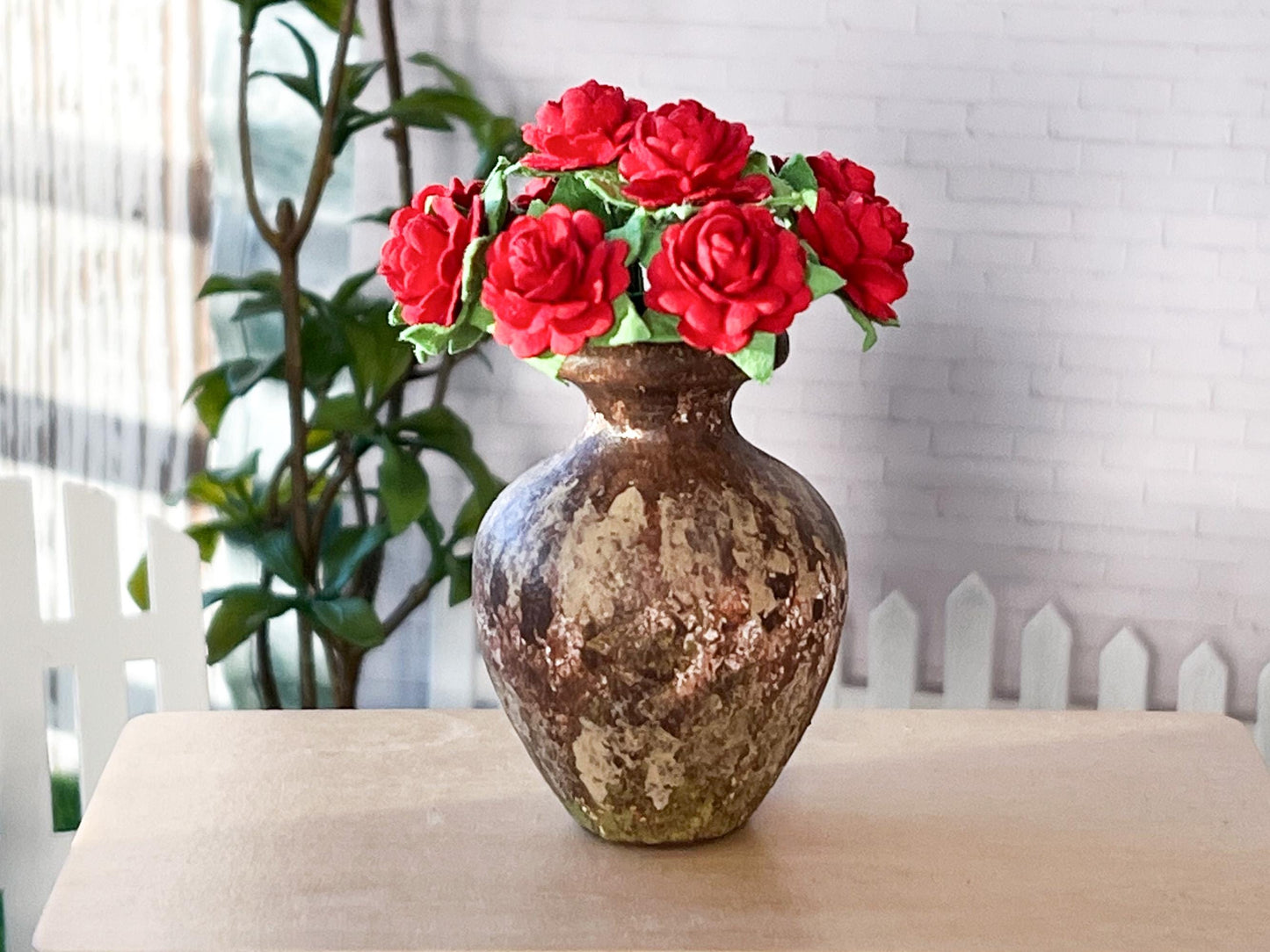 Dollhouse Wooden Vase, 1:6 Scale, Doll Table Centerpiece with Paper Roses __etsy:6671069593