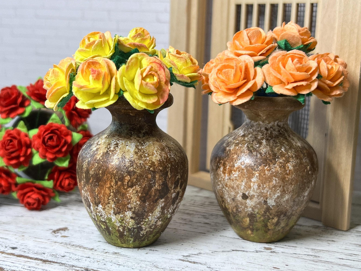 Dollhouse Wooden Vase, 1:6 Scale, Doll Table Centerpiece with Paper Roses __etsy:6671069609
