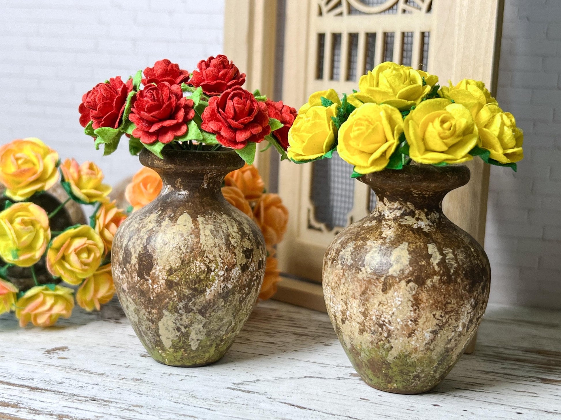Dollhouse Wooden Vase, 1:6 Scale, Doll Table Centerpiece with Paper Roses __etsy:6671069713