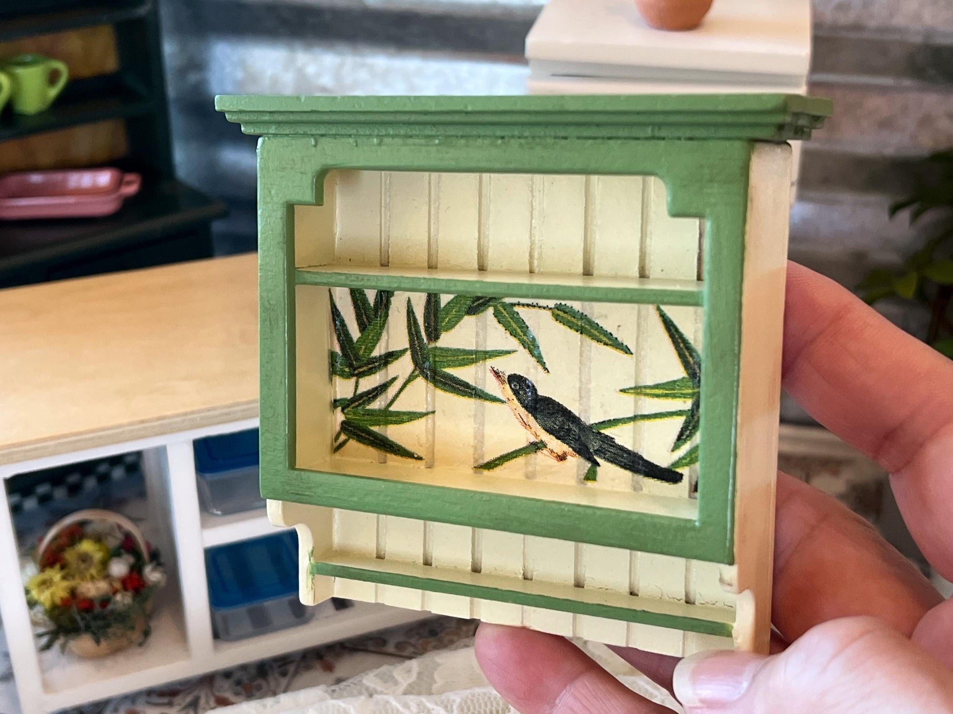 Dollhouse Miniature Wall Hanging Shelf – 1:12 Scale Yellow Wooden Shelf - A Charming Country-Style Shelf for Your Dollhouse Kitchen! __etsy:6726590310