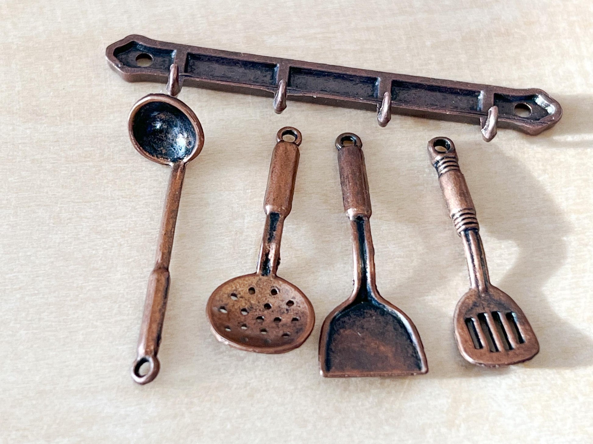 Miniature Copper Kitchen Utensil Set 1:12 Scale – 4 PC Dollhouse Cooking Set with Rack __etsy:6882452323