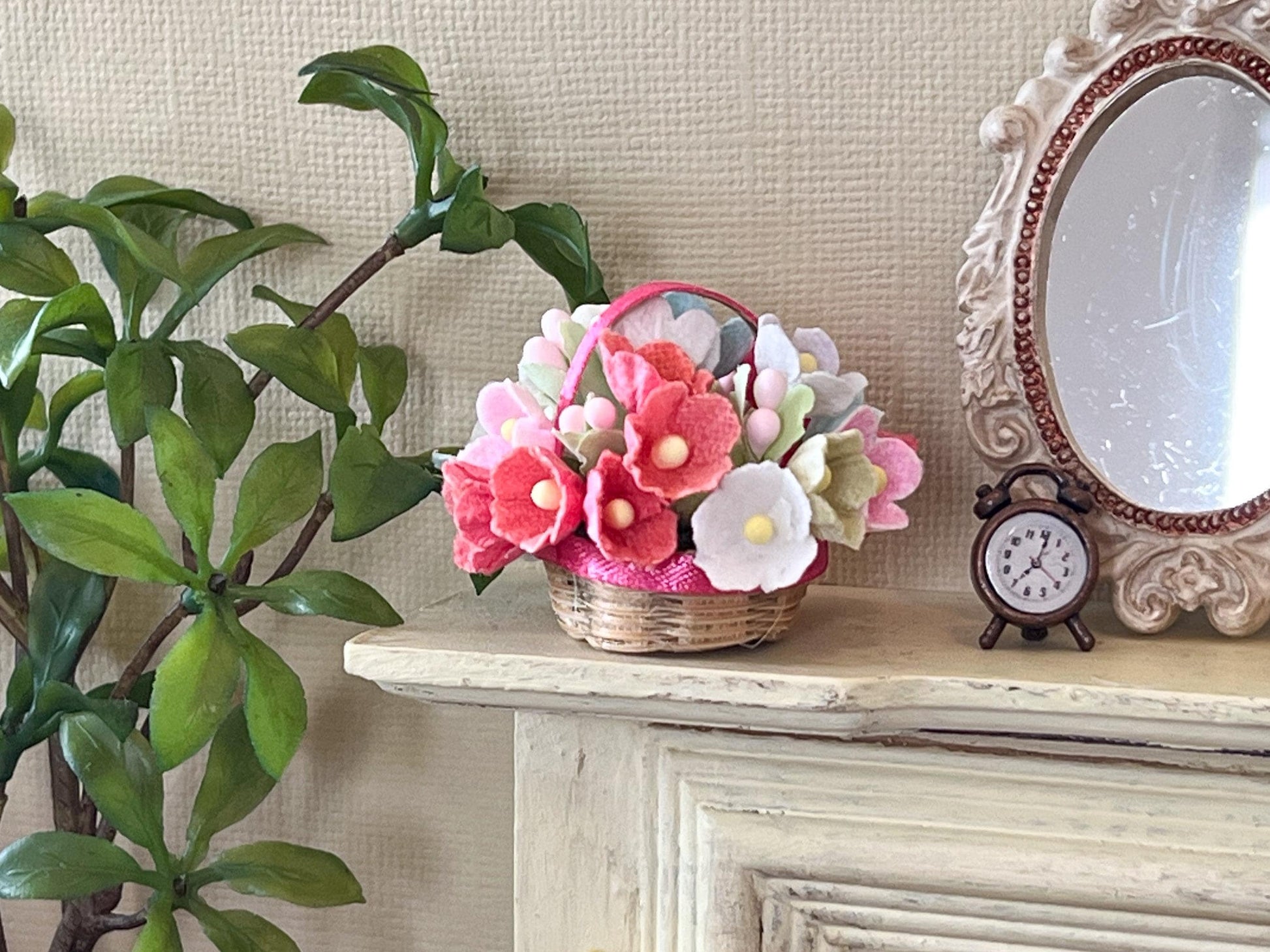 Miniature Wicker Basket 1:12 Scale -Dollhouse Spring Decor with Paper Flowers __etsy:6897901133