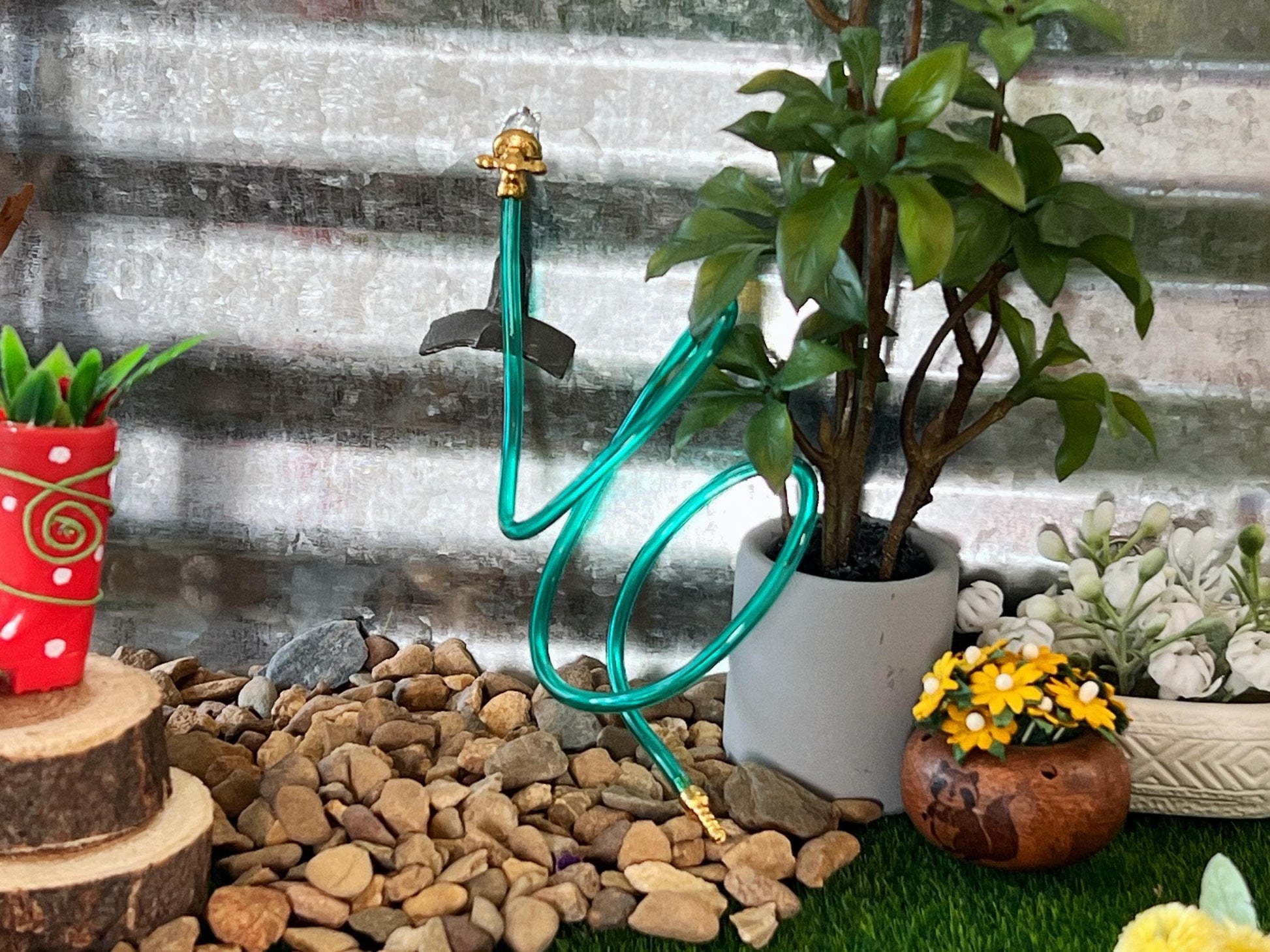 Miniature Wall Mount Water Hose-1:12 Scale – Dollhouse Green Hose with Spout & Holder __etsy:7168405289