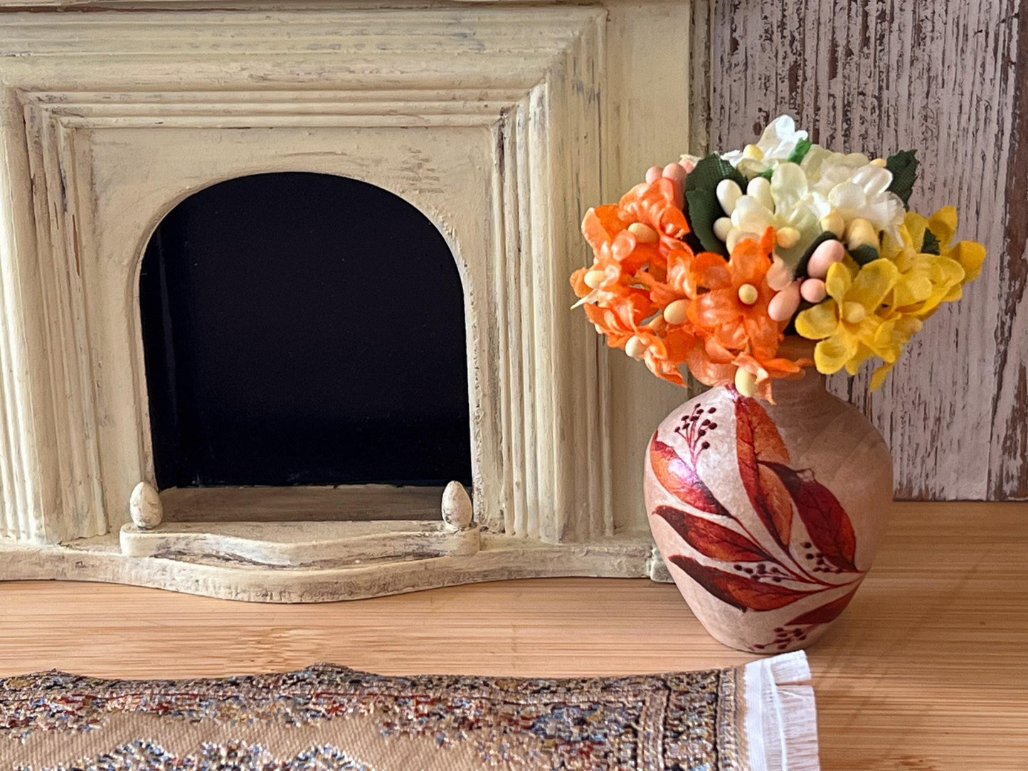 Miniature Wooden Vase 1:6 Scale – Silk Orange & Yellow Flowers, Dollhouse Decor __etsy:7231145330
