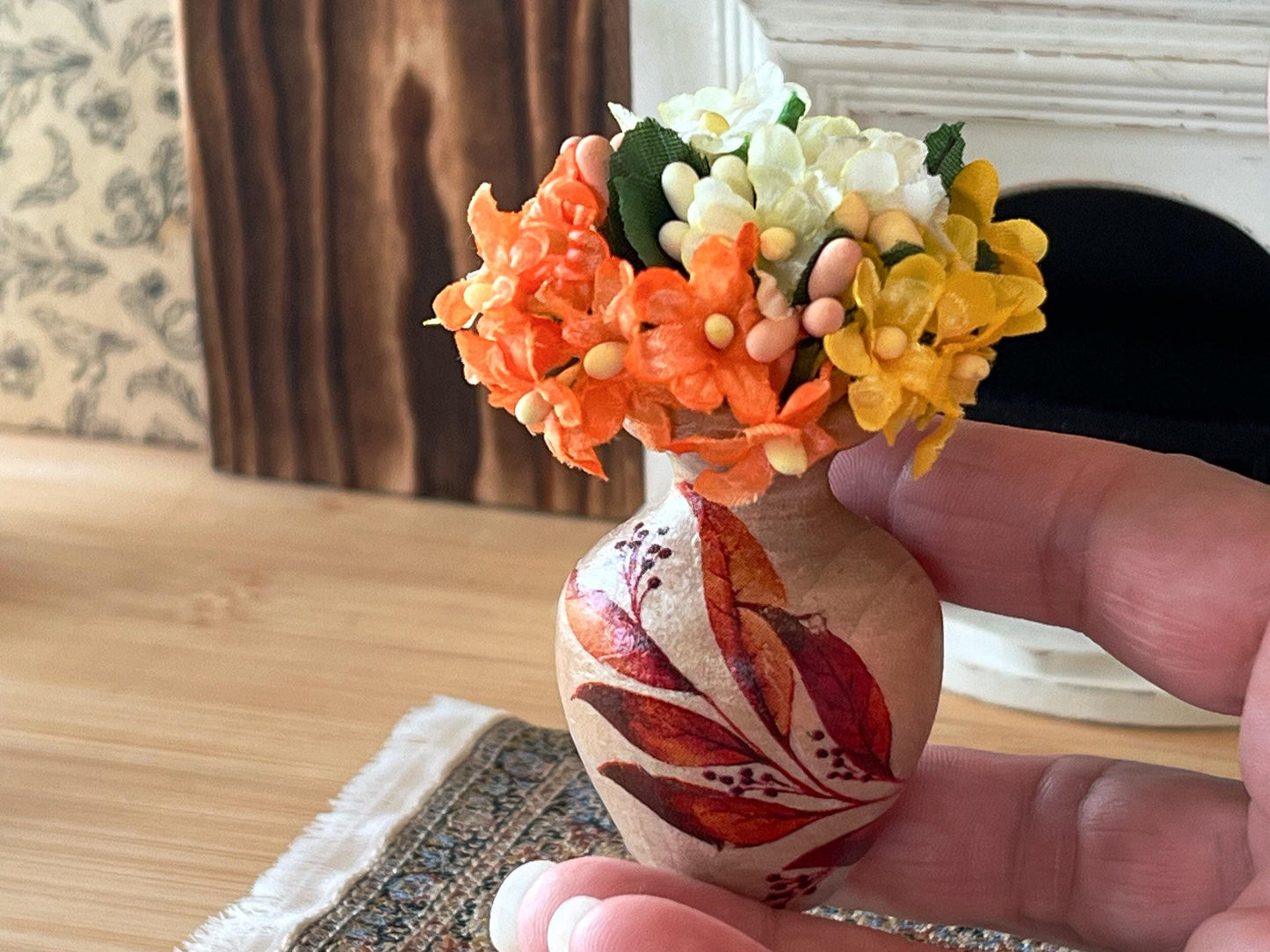 Miniature Wooden Vase 1:6 Scale – Silk Orange & Yellow Flowers, Dollhouse Decor __etsy:7279110473