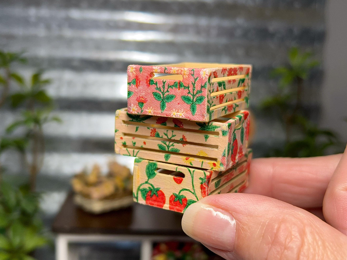 Miniature Wood Storage Box | 1:12  | 1PC Dollhouse Kitchen Strawberry Design Crate Decor __etsy:7654572030