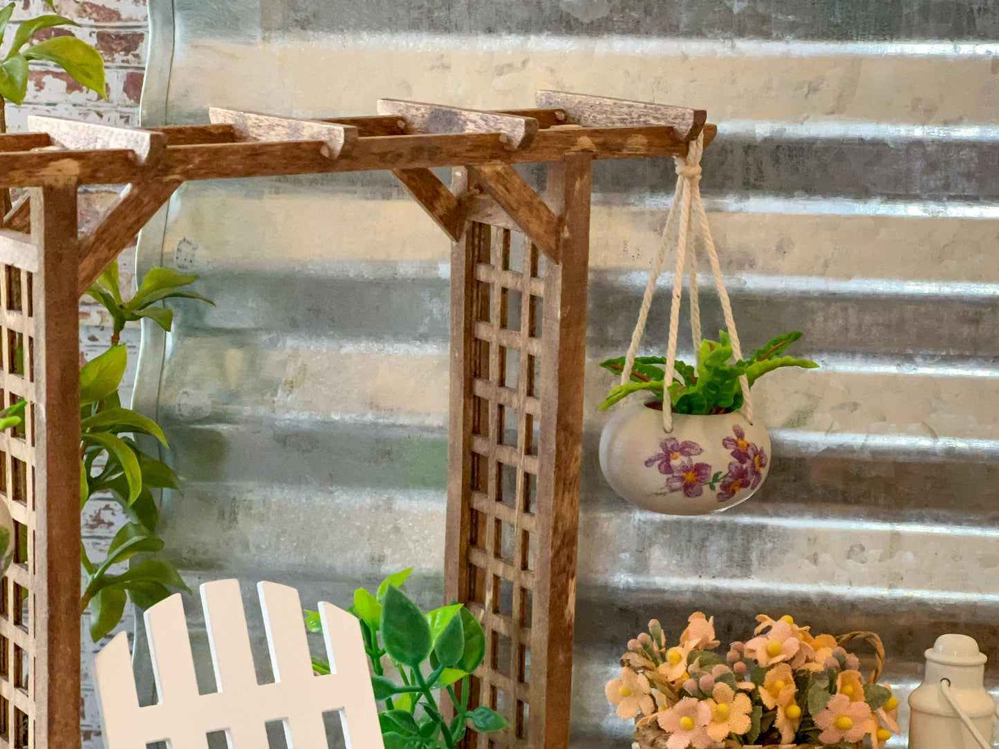 Miniature Terracotta Hanging Planter with Fern – 1:12 Scale - Dollhouse Outdoor Indoor Decor __etsy:7658603480