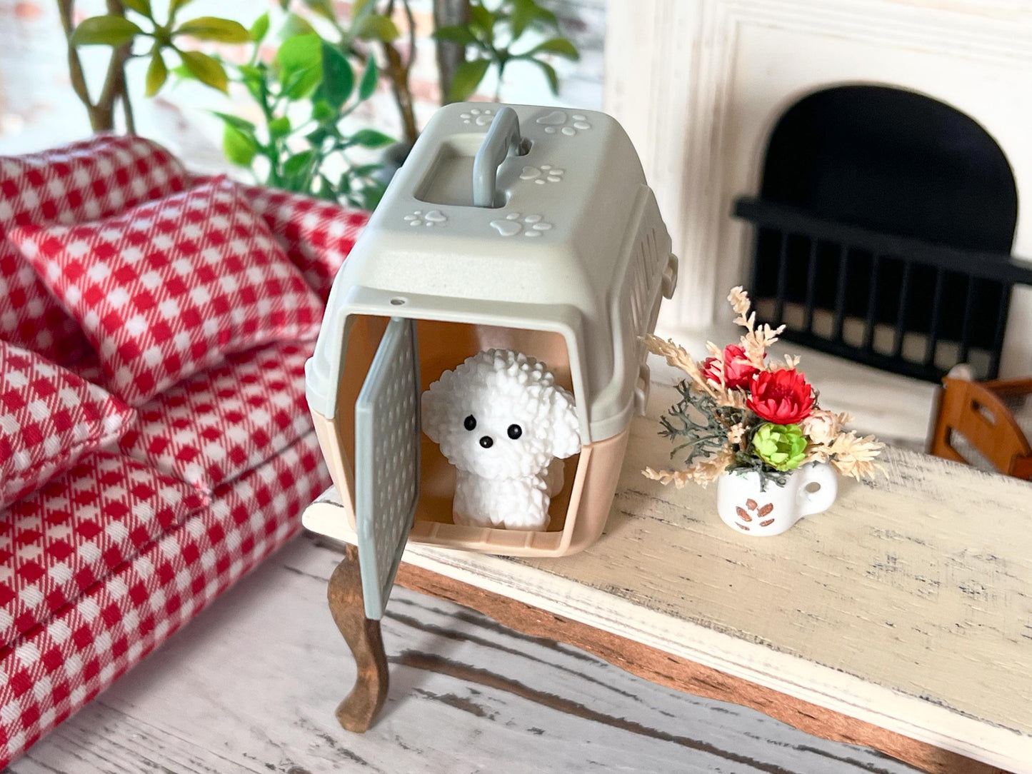 Miniature Dog Crate with White Poodle | 1:12 Scale Dollhouse Pet Accessory __etsy:7679555799