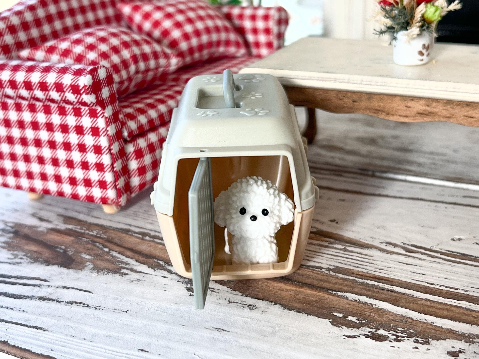 Miniature Dog Crate with White Poodle | 1:12 Scale Dollhouse Pet Accessory __etsy:7679555907