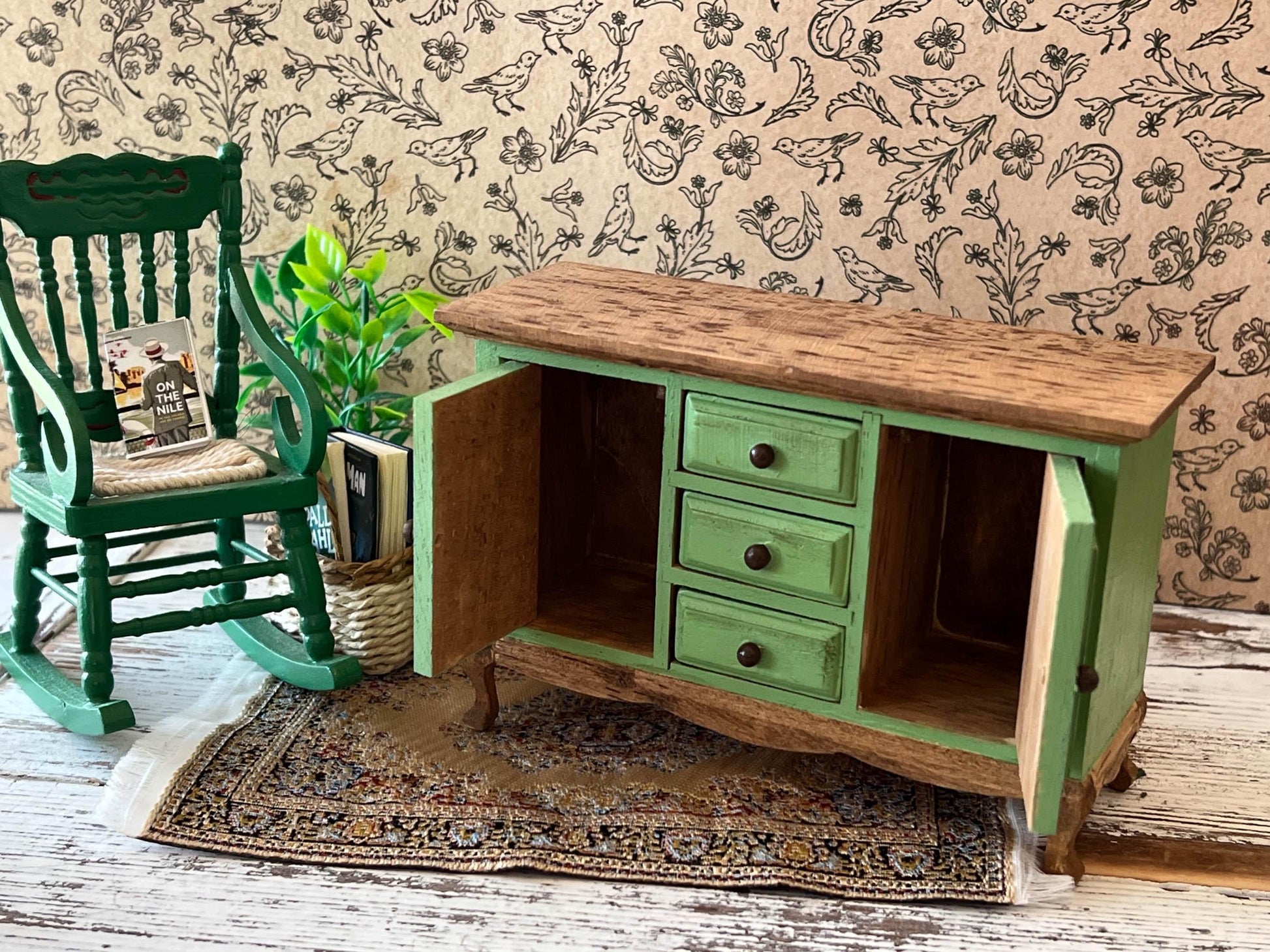 Miniature Board Buffet- 1:12 Scale – Oak Green Dresser with Brown Knobs, Dollhouse Furniture __etsy:7864799608