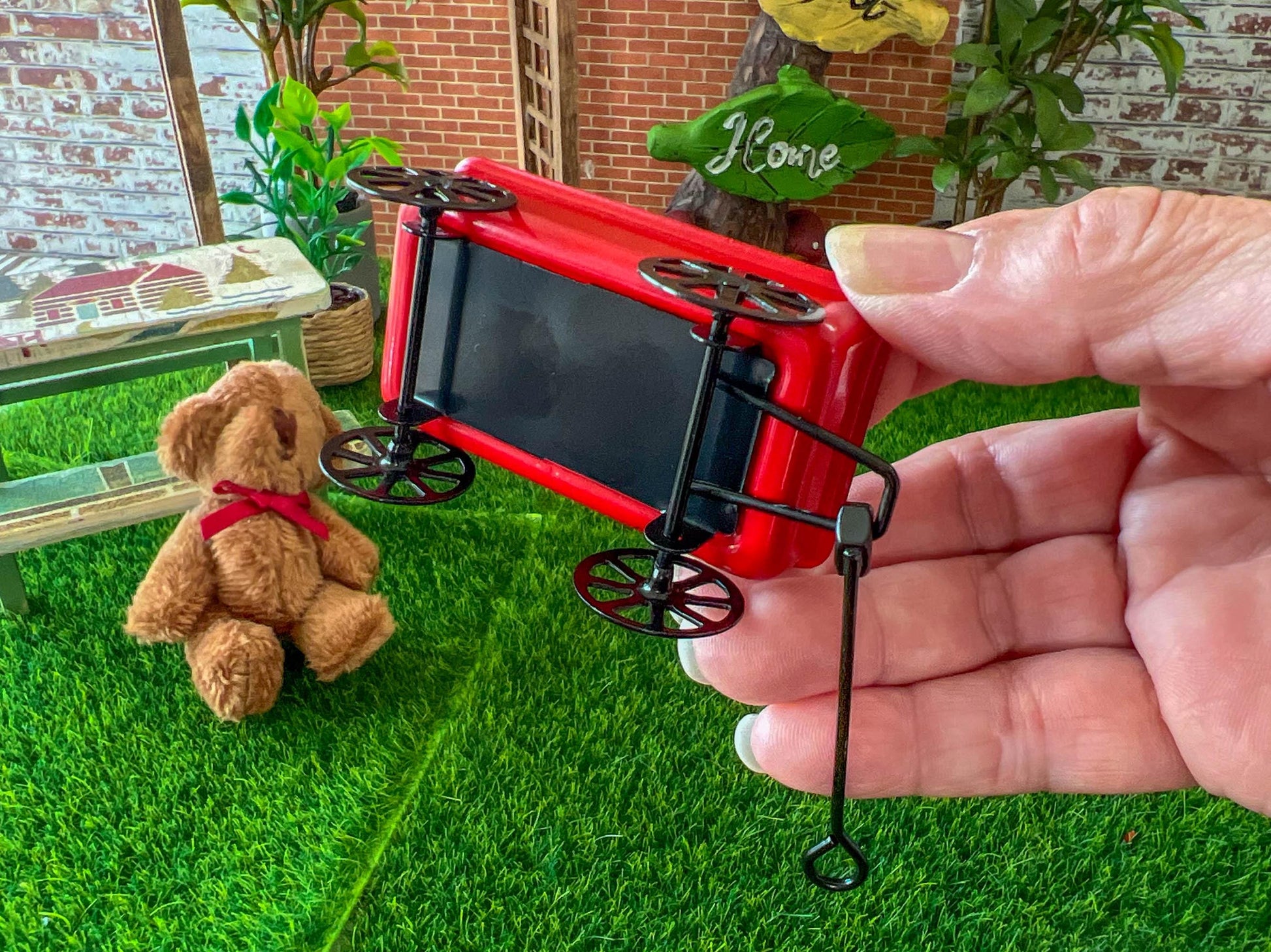 Miniature Red Wagon with Bear 1:12 Scale - Dollhouse Toy Rolling Wagon __etsy:7940242911