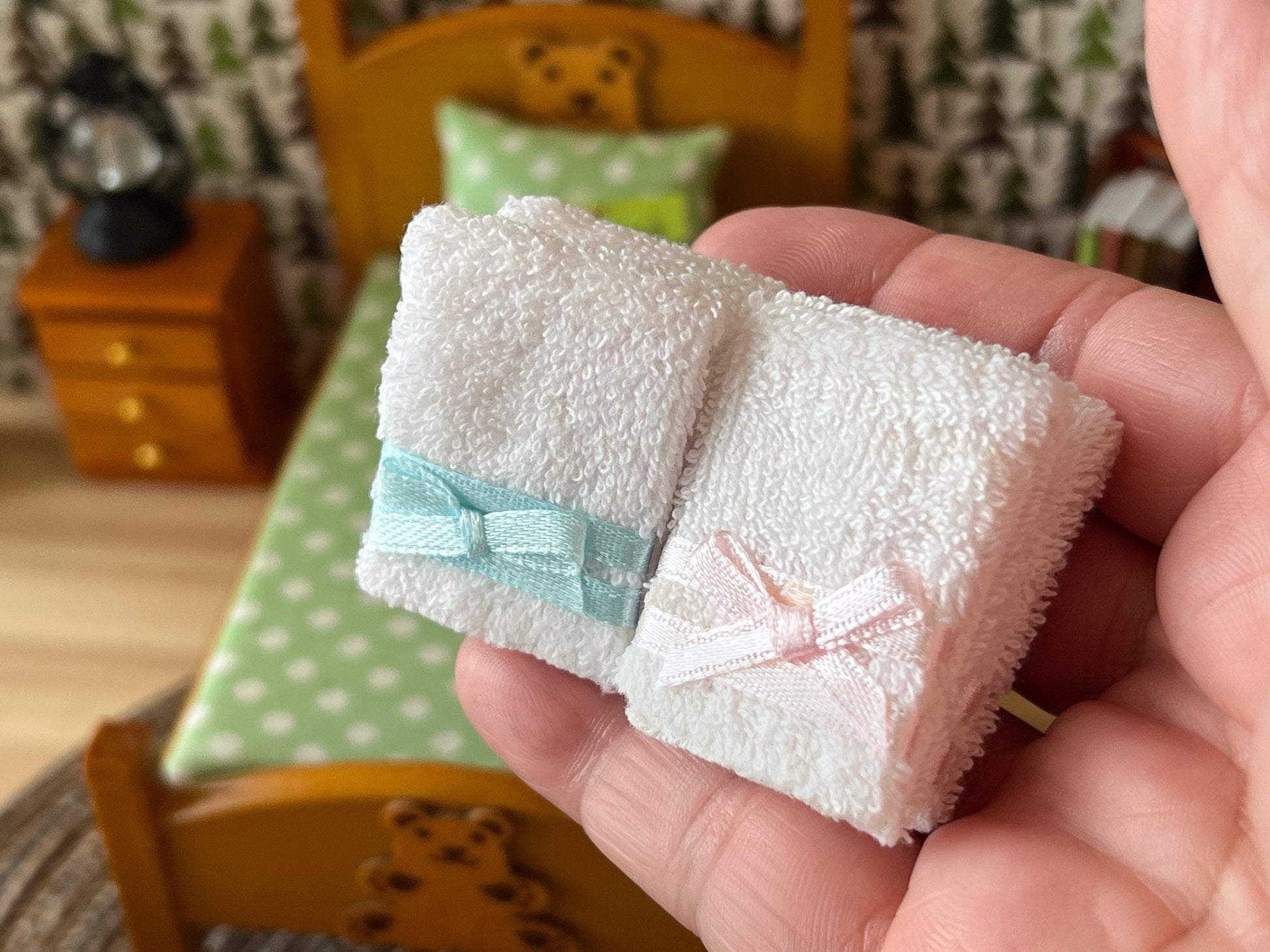 Miniature Towels 1:12 Scale - 2PC Pink or Blue Mini Towel for Dollhouse Bathroom __etsy:8047385802