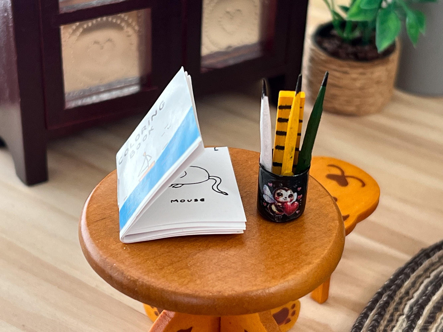 Miniature School Supply Set, 1:12 Scale, Dollhouse Pencil Holder and Coloring Book __etsy:8181787733