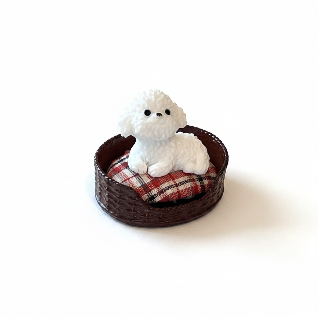 1:12 Scale Miniature Wicker Pet Bed with Poodle – White Background