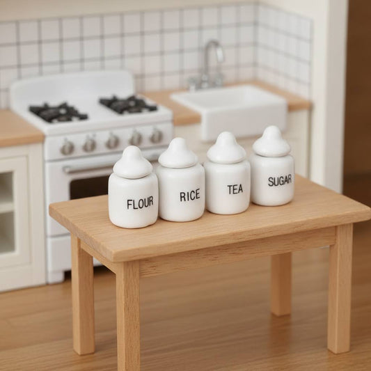 1:12 Miniature White Ceramic Kitchen Canister Set – 4 Pieces