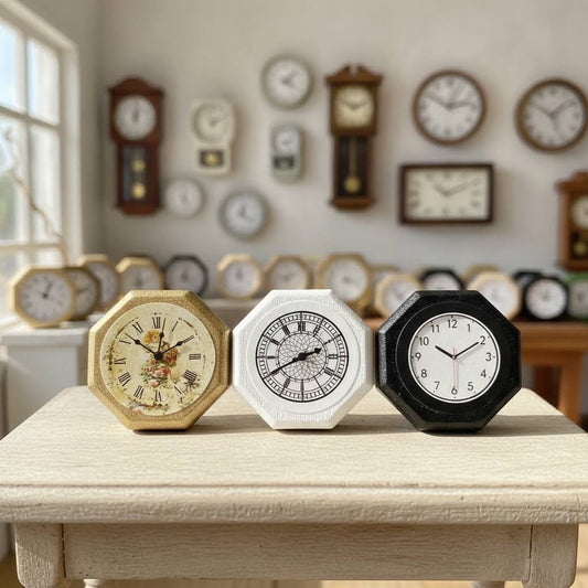 1:12 Scale Miniature Octagonal Wooden Wall Clock – Dollhouse Home Decor, 3 Styles