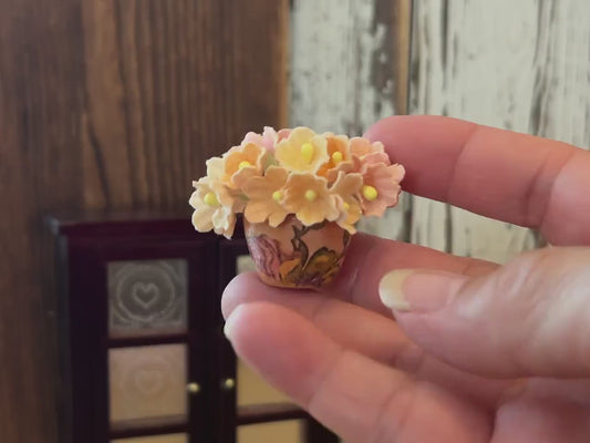 1:12 Scale Miniature Clay Pot with Paper Flowers – Dollhouse Floral Centerpiece